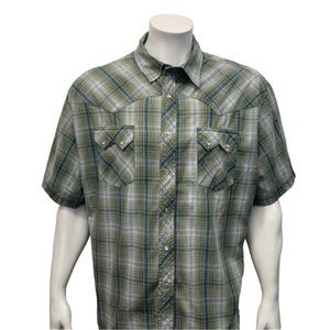 Wrangler Green White Blue Silver Plaid Pearl Snap Western Short Sleeve Shirt 3XL